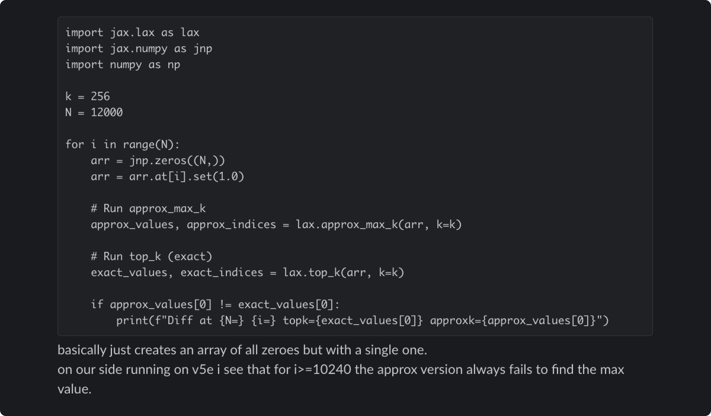 Reproducer of the underlying approximate top-k bug.