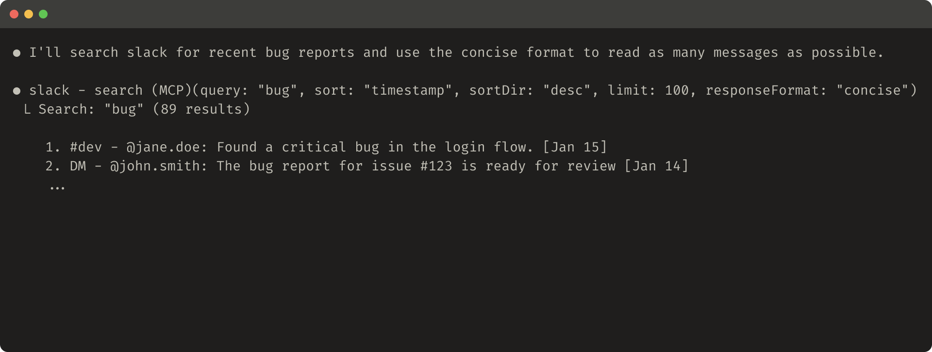 Concise tool response example